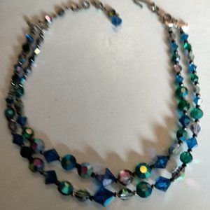Blue Crystal Double Strand Necklace  15.5 Inches Long